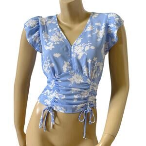 Sienna Sky Womens Small Blue White Floral Ruched Crop Top Short Sleeve